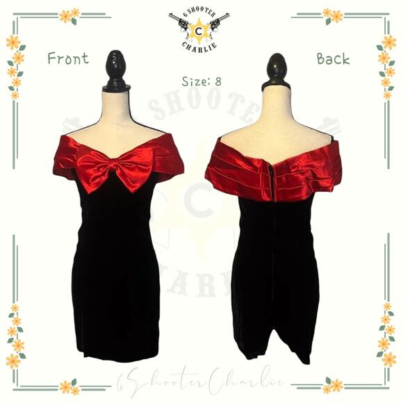 Vintage Lillie Rubin Satin Red Bow Velvet Evening Dress Black Women's Sz 8 Party - Picture 1 of 7